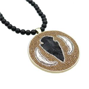 Black Obsidian Necklace Pave Rhinestone Arrowhead, approx 53mm, 10-16mm, 15-30mm, 6mm, 68cm length [GS2715]
