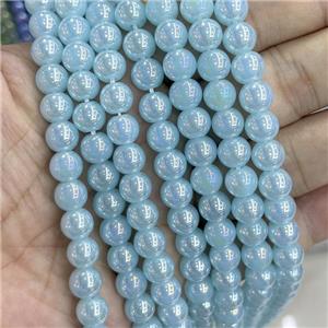 Blue Jadeite Glass Beads Smooth Round Electroplated, approx 8mm dia [GS2782]