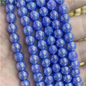 Blue Jadeite Glass Beads Smooth Round Electroplated, approx 8mm dia [GS2783]