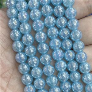 Blue Jadeite Glass Beads Smooth Round Electroplated, approx 8mm dia [GS2785]
