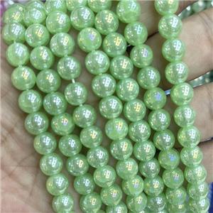 Green Jadeite Glass Beads Smooth Round Electroplated, approx 8mm dia [GS2786]