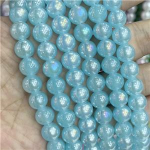 Blue Jadeite Glass Beads Smooth Round Electroplated, approx 10mm dia [GS2788]