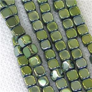 Hematite cube beads, green electroplated, approx 3.7mm [HB0763]