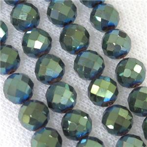 faceted round Hematite beads, green electroplated, approx 8mm dia [HB0778-8MM]