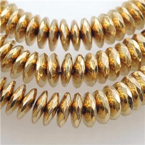 light KC-gold electroplated Hematite heishi Beads, faceted, approx 3x10mm [HB0785-3X10MM]