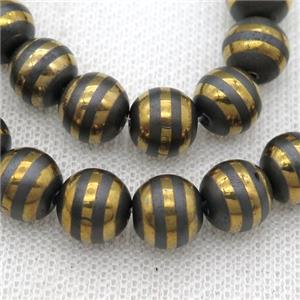 black Hematite beads with golden line, round, matte, approx 12mm dia [HB0906-12MM]