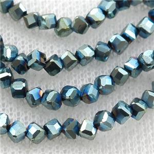Hematite beads, corner-drilled cube, green electroplated, approx 3mm [HB0926]