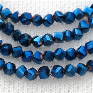 Hematite beads, corner-drilled cube, blue electroplated, approx 3mm [HB0927]