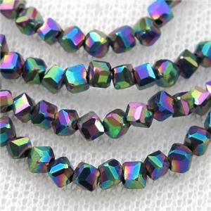 Hematite beads, corner-drilled cube, rainbow electroplated, approx 3mm [HB0930]
