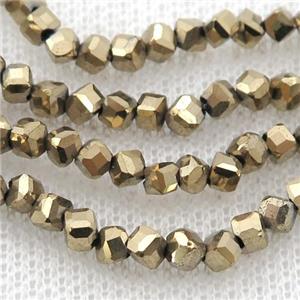 Hematite beads, corner-drilled cube, pyrite color electroplated, approx 3mm [HB0932]