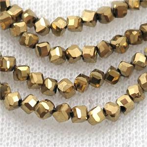 Hematite beads, corner-drilled cube, gold electroplated, approx 3mm [HB0934]