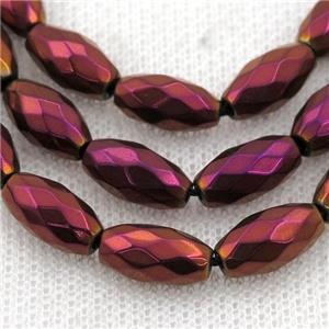Hematite beads, faceted rice, fuchsia electroplated, approx 6-12mm [HB0938]