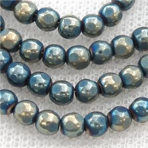 faceted round Hematite beads, bluegold electroplated, approx 4mm [HB0978-4MM]
