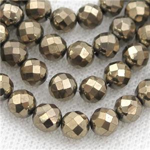 Hematite beads, faceted round, pyrite color electroplated, approx 2mm [HB1060-2MM]