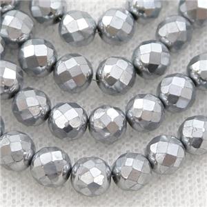 Hematite beads, faceted round, platinum electroplated, approx 8mm [HB1061-8MM]