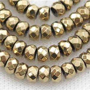 Hematite beads, faceted rondelle, lt.gold electroplated, approx 2x3mm [HB1068-2X3MM]
