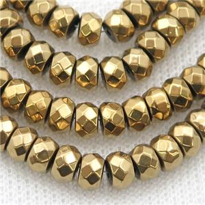 Hematite beads, faceted rondelle, gold electroplated, approx 4x6mm [HB1070-4X6MM]