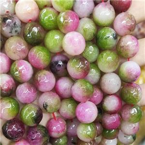 Faceted Round Jade Beads Pink Green Dye, approx 14mm dia [JD10210]