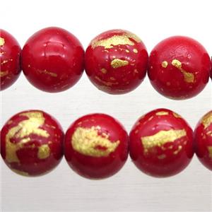 round red JinShan Jade beads with gold foil, approx 12mm dia [JDRD580-12MM]