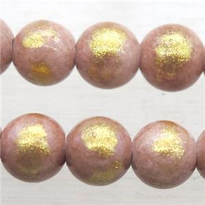 round peach JinShan Jade beads with gold foil, approx 12mm dia [JDRD585-12MM]