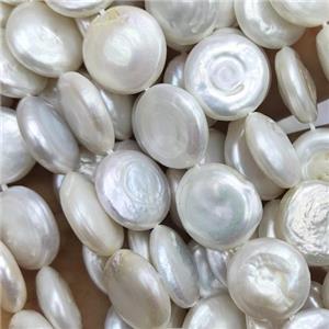 white Cultured Pearl button coin Beads, approx 14mm dia [PANC78]