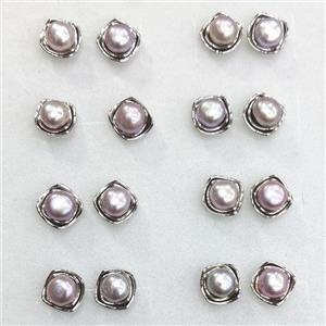 925 Sterling Silver Natural Pearl Stud Earring Flower Antique Silver, approx 6mm, 9mm [PB10149]