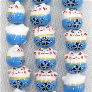blue Oriental Porcelain beads, fortune cat, approx 13-14mm, 25pcs per st [PP10196]