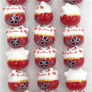red Oriental Porcelain beads, fortune cat, approx 13-14mm, 25pcs per st [PP10198]