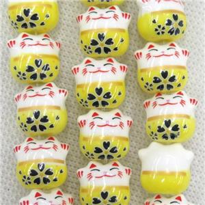 yellow Oriental Porcelain beads, fortune cat, approx 13-14mm, 25pcs per st [PP10199]