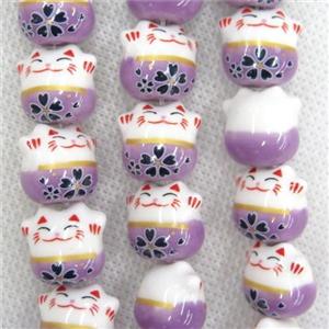 purple Oriental Porcelain beads, fortune cat, approx 13-14mm, 25pcs per st [PP10200]