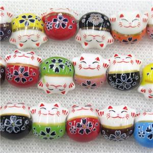 mixcolor Oriental Porcelain beads, fortune cat, approx 15mm, 25pcs per st [PP10204]
