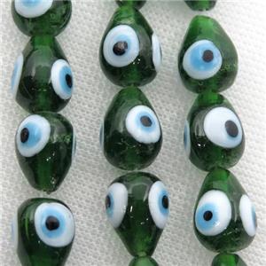 handmade green Lampwork Glass teardrop Beads with evil eye, approx 11-15mm [PP10235]