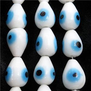 handmade white Lampwork Glass teardrop Beads with evil eye, approx 11-15mm [PP10236]