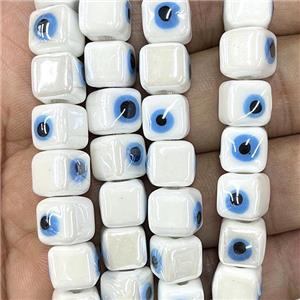 white Porcelain cube beads, evil eye, electroplated, approx 8mm dia, 45pcs per st [PP10307]