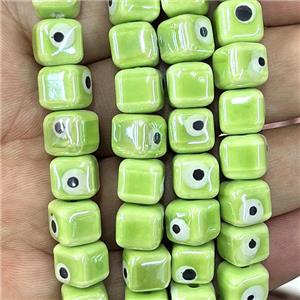 olive Porcelain cube beads, evil eye, electroplated, approx 8mm dia, 45pcs per st [PP10308]