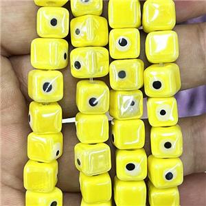 yellow Porcelain cube beads, evil eye, electroplated, approx 8mm dia, 45pcs per st [PP10309]