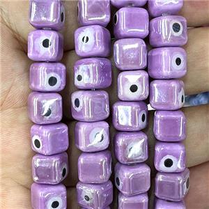 purple Porcelain cube beads, evil eye, electroplated, approx 8mm dia, 45pcs per st [PP10311]