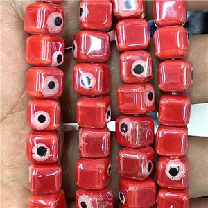 red Porcelain cube beads, evil eye, electroplated, approx 8mm dia, 45pcs per st [PP10312]
