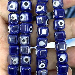 blue Porcelain cube beads, evil eye, electroplated, approx 8mm dia, 45pcs per st [PP10313]