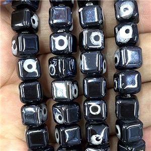 black Porcelain cube beads, evil eye, electroplated, approx 8mm dia, 45pcs per st [PP10314]