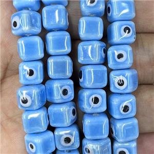 blue Porcelain cube beads, evil eye, electroplated, approx 8mm dia, 45pcs per st [PP10315]