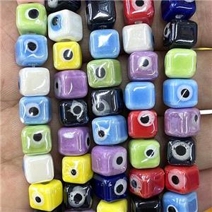 Porcelain cube beads, evil eye, mixed, electroplated, approx 8mm dia, 45pcs per st [PP10316]