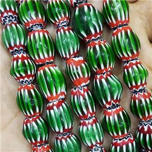 Nepal Style Green Lampwork Glass Chevron Beads Barrel, approx 12-15mm [PP10375]