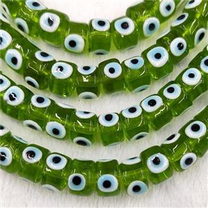 Green Lampwork Glass Heishi Beads With Evil Eye, approx 7x11mm [PP10405-7X11MM]