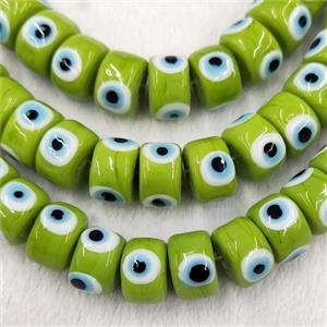 Olive Lampwork Glass Heishi Beads With Evil Eye, approx 7x11mm [PP10406-7X11MM]