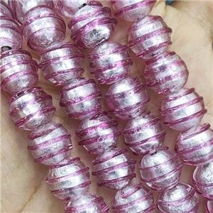 Larmwork Glass Beads With Silver Foil Round Pink Line, approx 12mm dia [PP10470]