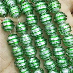 Larmwork Glass Beads With Silver Foil Round Green Line, approx 12mm dia [PP10471]