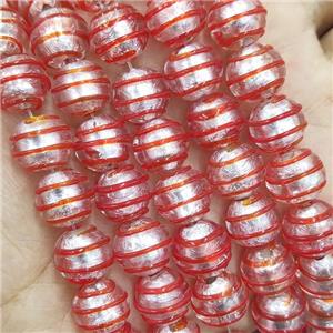 Larmwork Glass Beads With Silver Foil Round Red Line, approx 12mm dia [PP10472]