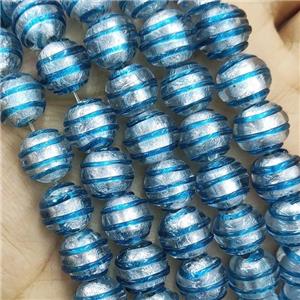 Larmwork Glass Beads With Silver Foil Round Aqua Line, approx 12mm dia [PP10473]