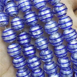 Larmwork Glass Beads With Silver Foil Round Blue Line, approx 12mm dia [PP10474]